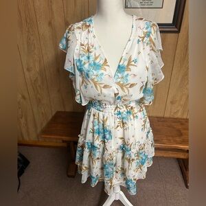Charles Henry White and Blue Floral Print Faux Wrap Minidress Size M